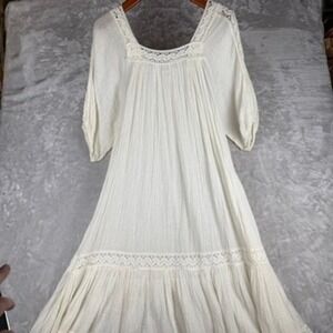 indie Boho Ivory Gauze Peasant Dress Crochet Lace Trim Tiered Cottagecore
